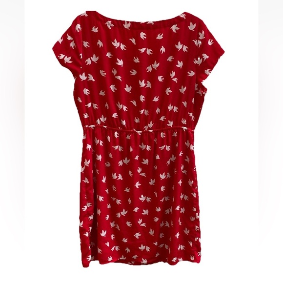 Old Navy Red White Bird Dress Size Large Short Sleeve Ruched Waist Above Knee - Picture 2 of 8